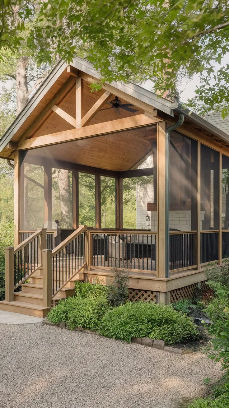Rustic Porch Retreat with Wooden Ceiling and Fireplace