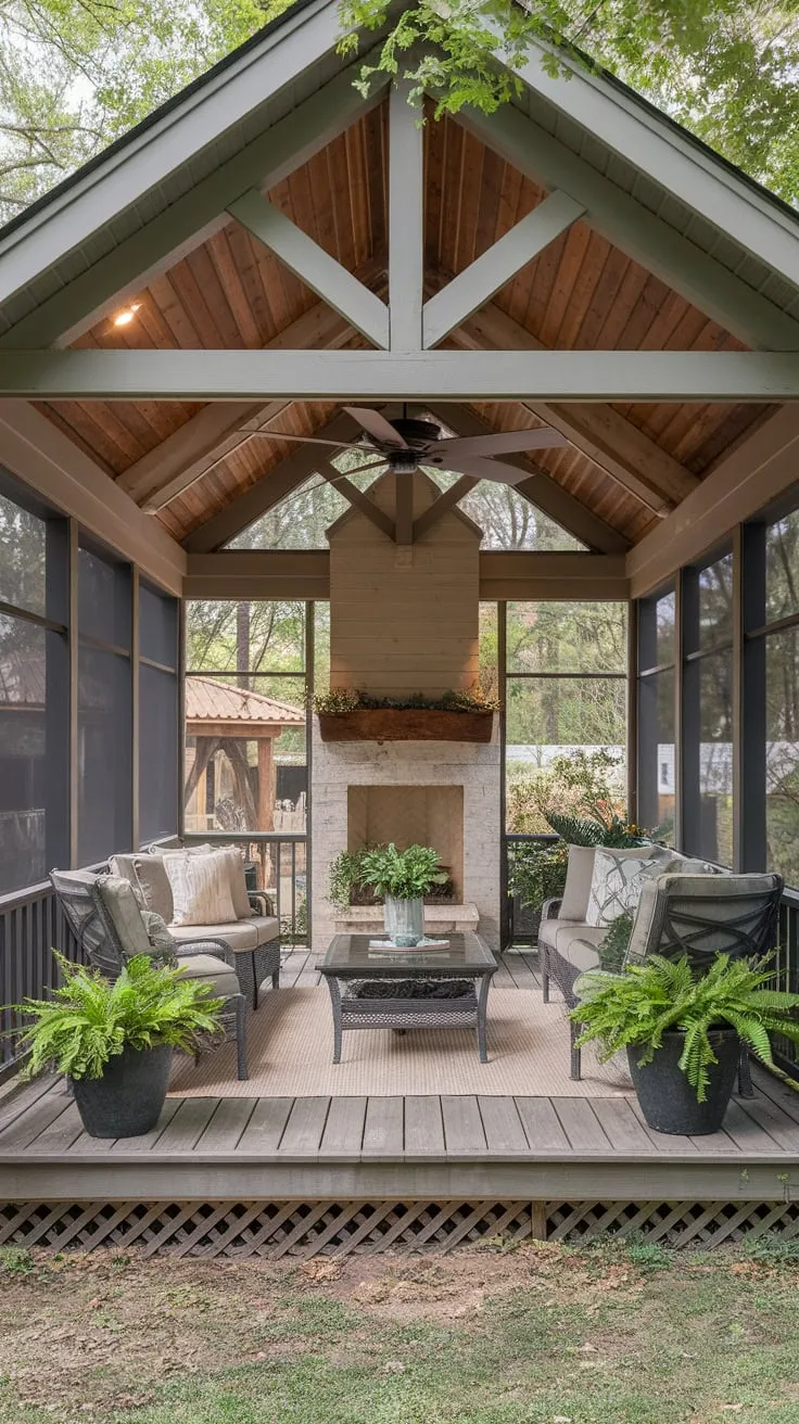Charming Screened Porch with Cozy Wooden Ceiling