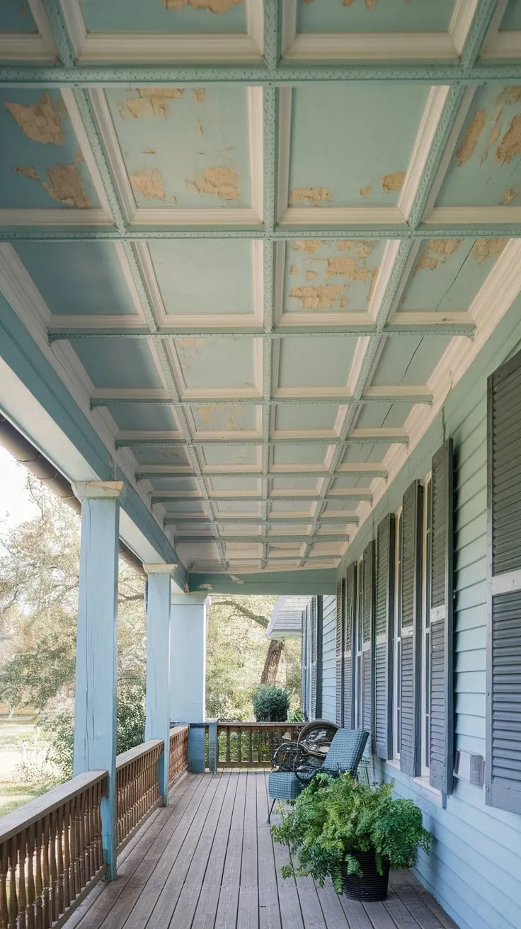 Peeling Haint Blue Ceiling with Southern Elegance