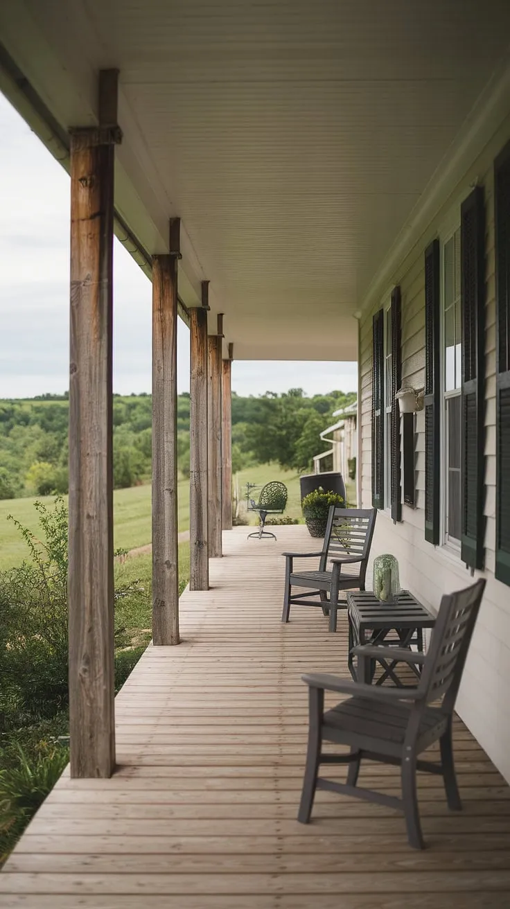 This farmhouse porch entryway, with its sturdy wood columns and inviting seating area, is the perfect spot to unwind and enjoy the tranquil landscape.  The front porch makeover, featuring beautifully restored porch wood and impressive front porch posts, truly elevates this home's charm.  The porch pillars and front porch columns add a touch of classic elegance to the porch remodel.