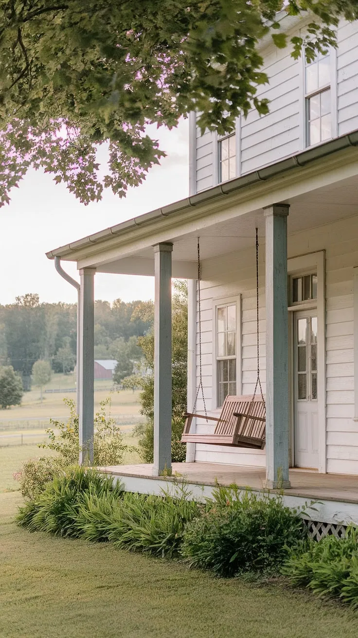The inviting porch wood and meticulously restored front porch columns of this farmhouse create a stunning porch entryway.  Notice the detail in the wood columns and front porch posts—a testament to the porch remodel's success.  This picturesque scene, complete with porch pillars, is a dream come true.