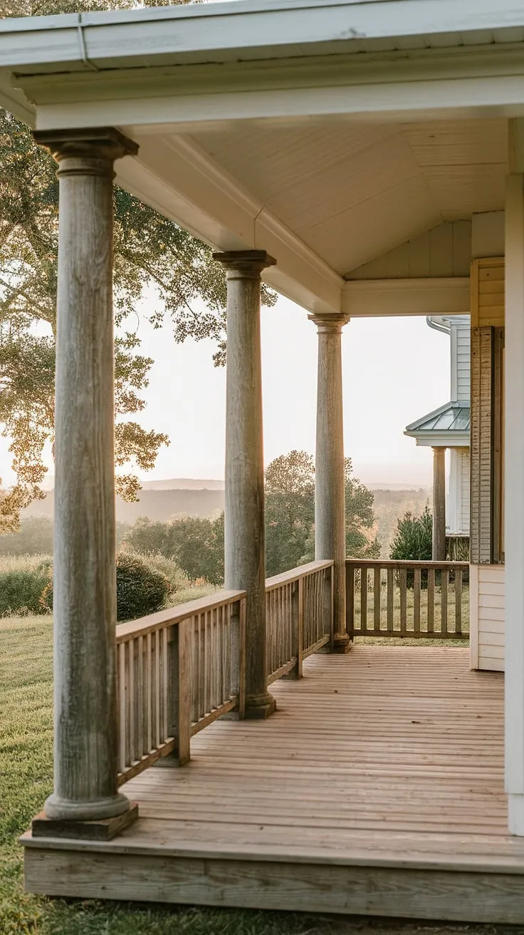 This farmhouse porch entryway, with its stately farmhouse porch columns and sturdy front porch posts, invites you to linger.  The rich porch wood and carefully crafted porch pillars speak of a bygone era, yet the overall design feels fresh and inviting, perfect for a front porch makeover or porch remodel.  The wood columns are the perfect finishing touch.