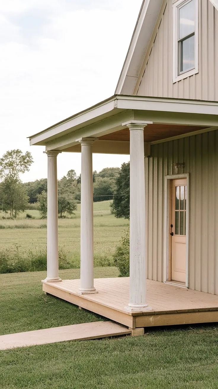 Step onto this inviting porch entryway, where farmhouse porch columns and front porch posts create a classic welcome.  The porch wood, recently refreshed in a front porch makeover, showcases the beauty of wood columns and porch pillars, transforming this simple front porch columns into a charming focal point.