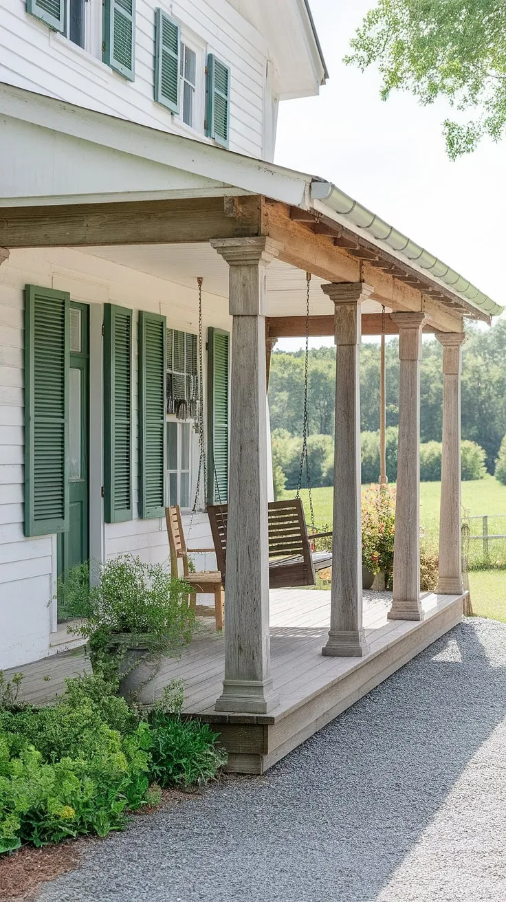 This front porch columns design is the epitome of farmhouse charm. The porch pillars, crafted from rich porch wood, stand as a testament to quality and style.  A recent porch remodel transformed this space into a relaxing retreat, complete with a swing and comfortable seating. The front porch makeover is a stunning example of how simple details can make a big impact.