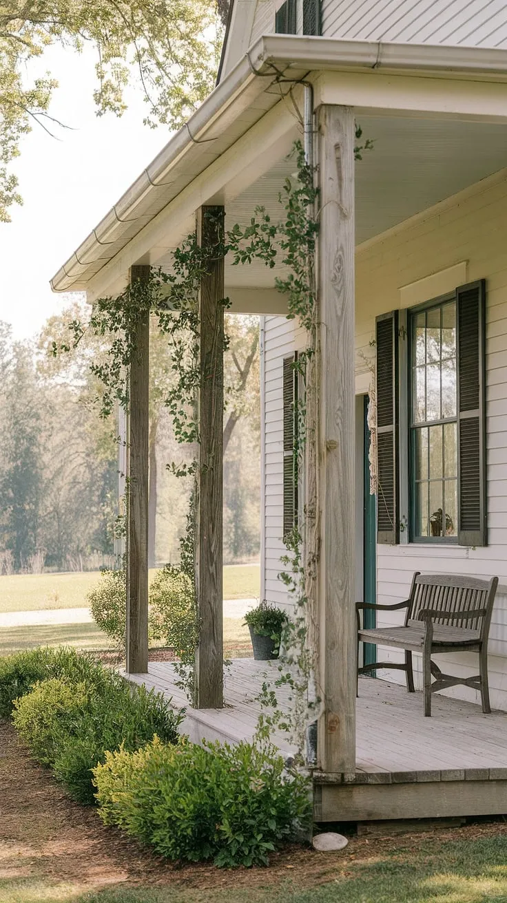 Step onto this inviting porch entryway, where farmhouse porch columns and sturdy front porch posts create a welcoming atmosphere.  The porch wood, a testament to thoughtful porch remodel, is beautifully complemented by the lush greenery and a charming bench.  This front porch makeover showcases the elegance of wood columns and porch pillars, a perfect blend of rustic charm and modern comfort.