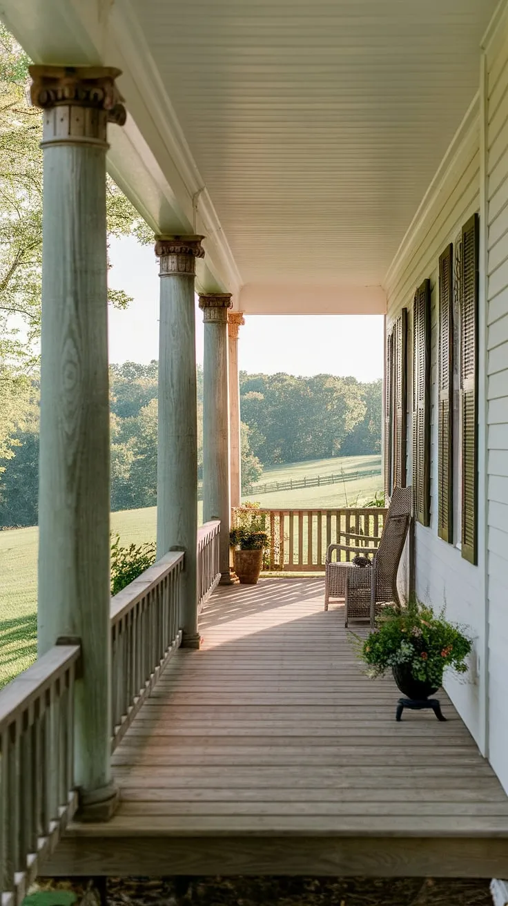 Step onto this inviting porch entryway, where meticulously carved farmhouse porch columns and stately front porch posts create a timeless welcome.  The rich porch wood and impressive porch pillars speak to a recent front porch makeover, a porch remodel that perfectly blends rustic charm with modern comfort.