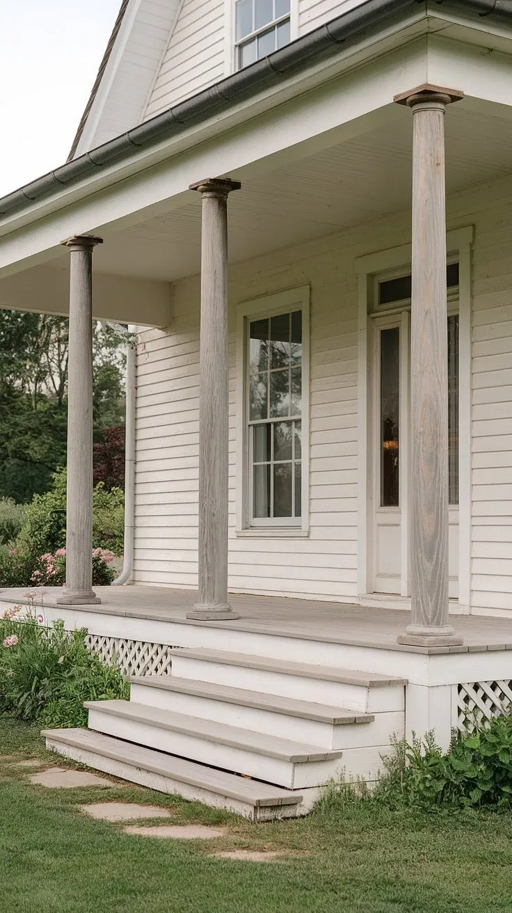 This front porch makeover is a dream come true!  The porch remodel showcases the beauty of natural porch wood, highlighted by the impressive front porch columns.  Six sturdy wood columns, acting as porch pillars, create a grand porch entryway, inviting you to relax and enjoy the lush garden views.  The farmhouse porch columns are the perfect finishing touch.