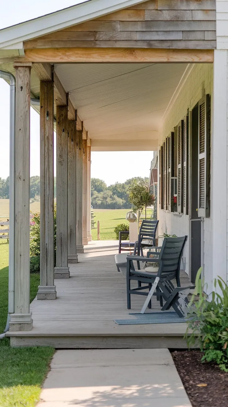 Step onto this inviting porch entryway, framed by stately farmhouse porch columns and sturdy front porch posts.  The rich porch wood and elegant porch pillars create a charming focal point, the perfect result of a thoughtful front porch makeover or porch remodel.  This idyllic scene, complete with comfortable seating, beckons you to relax and enjoy the tranquil landscape.