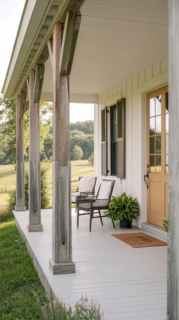 This front porch columns and porch pillars create a welcoming porch entryway. The rich tones of the wood columns contrast beautifully with the fresh white paint, creating a stunning front porch makeover.  The rustic porch wood and thoughtful details, like the potted plant, complete this porch remodel.