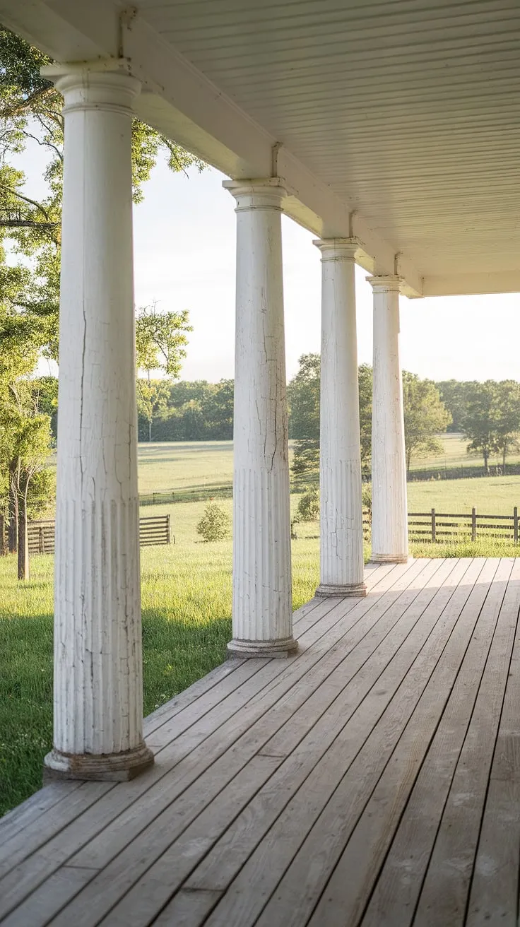 This front porch remodel showcases the beauty of aged wood columns.  The porch wood, with its natural imperfections, adds character to this farmhouse porch.  Notice the detail in the front porch columns â€“ each crack and groove tells a story. These porch pillars create a welcoming entryway, perfect for lazy afternoons and summer evenings.