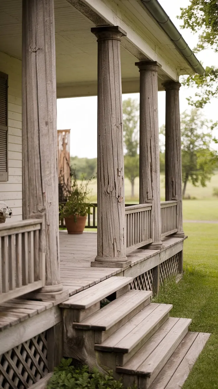 This front porch makeover lets the natural beauty of the porch wood shine.  The aged farmhouse porch columns, with their visible cracks and knots, tell a story of time and resilience.  These front porch posts and porch pillars stand as a testament to enduring craftsmanship, creating a welcoming porch entryway.