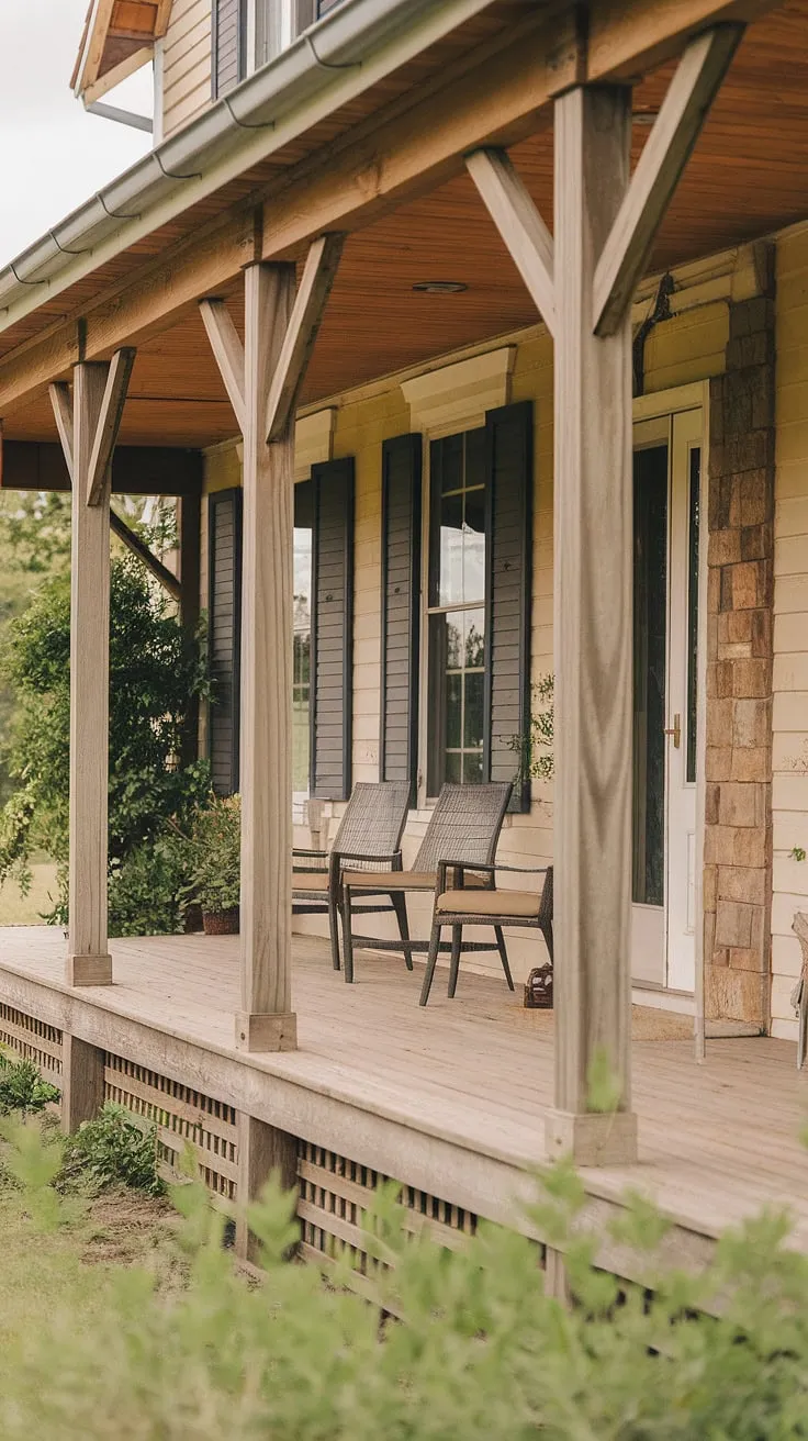 Imagine relaxing on this inviting porch, surrounded by the warmth of the porch wood and the elegant support of the farmhouse porch columns.  The front porch posts and porch pillars create a welcoming entrance, a testament to the beauty of a well-executed porch remodel.