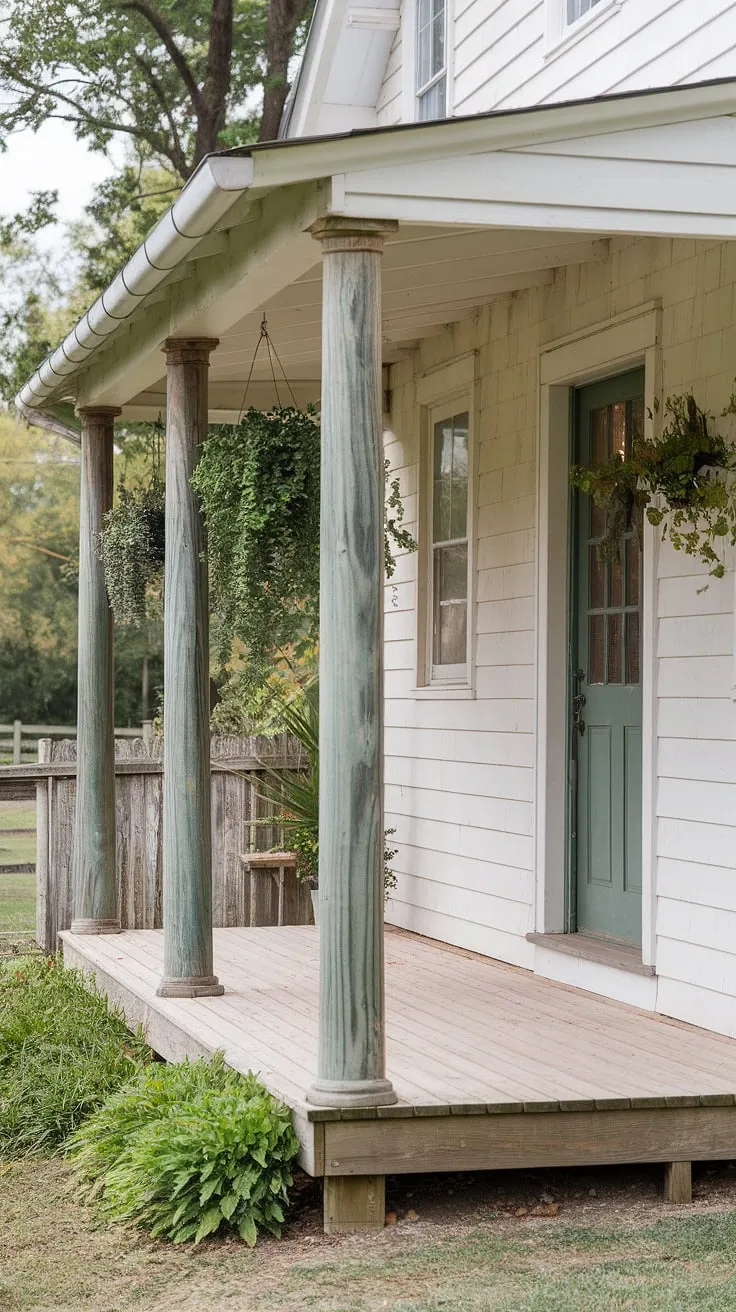 This farmhouse porch entryway, complete with charming wood columns and hanging plants, is the perfect blend of rustic charm and modern comfort.  The porch wood gleams, showcasing a recent front porch makeover or porch remodel that beautifully complements the front porch posts and porch pillars.  The carefully chosen wood columns add a touch of elegance to this inviting space.