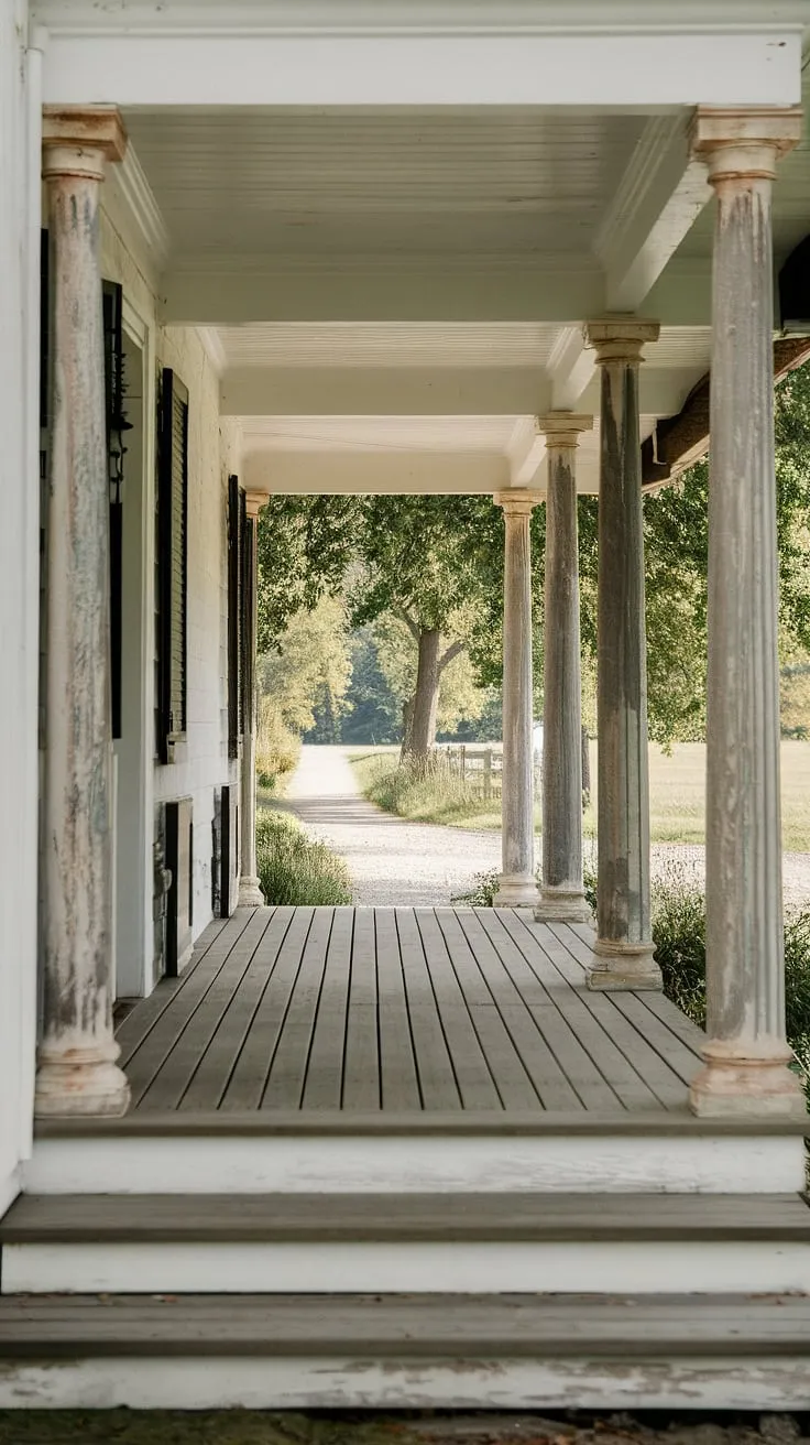 Step onto this inviting porch entryway, where weathered farmhouse porch columns and sturdy front porch posts create a timeless welcome. The porch wood gleams under the shade of the roof, supported by elegant porch pillars, a testament to a recent front porch makeover or porch remodel.  The scene is completed by the serene countryside view.