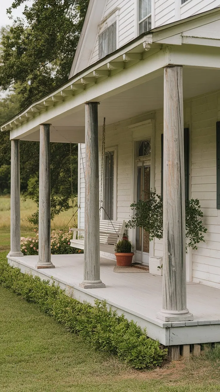 Step onto this inviting porch entryway, where rustic farmhouse porch columns and weathered front porch posts create a timeless charm.  The porch remodel, showcasing beautifully restored wood columns and porch wood, is the perfect blend of rustic elegance and modern comfort.  A front porch makeover that truly captures the heart of home.