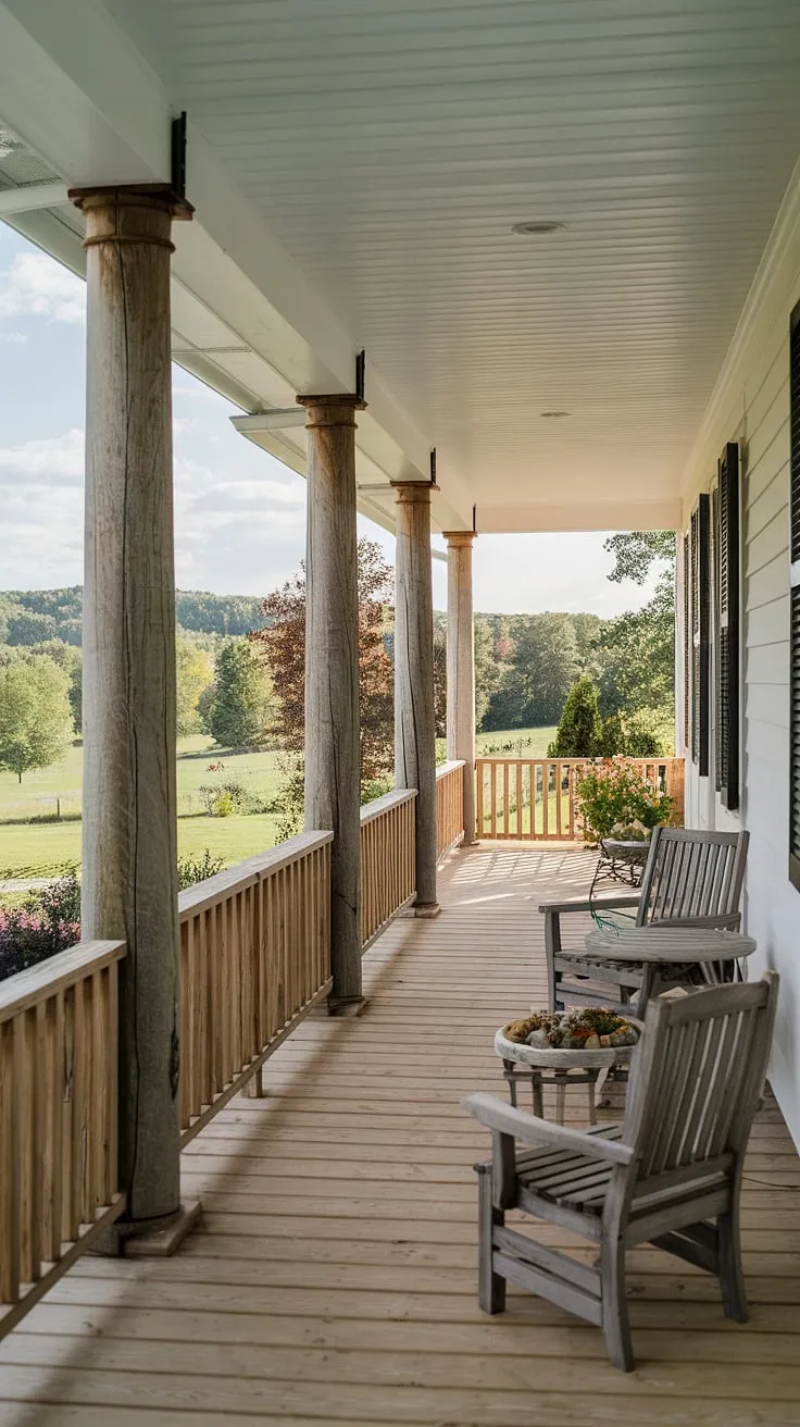This farmhouse porch entryway, complete with sturdy wood columns and a charming railing, invites you to relax and enjoy the view.  The porch wood gleams under the summer sky, a testament to a recent front porch makeover or perhaps a thoughtful porch remodel.  The front porch posts and porch pillars add to the timeless appeal of this idyllic scene.