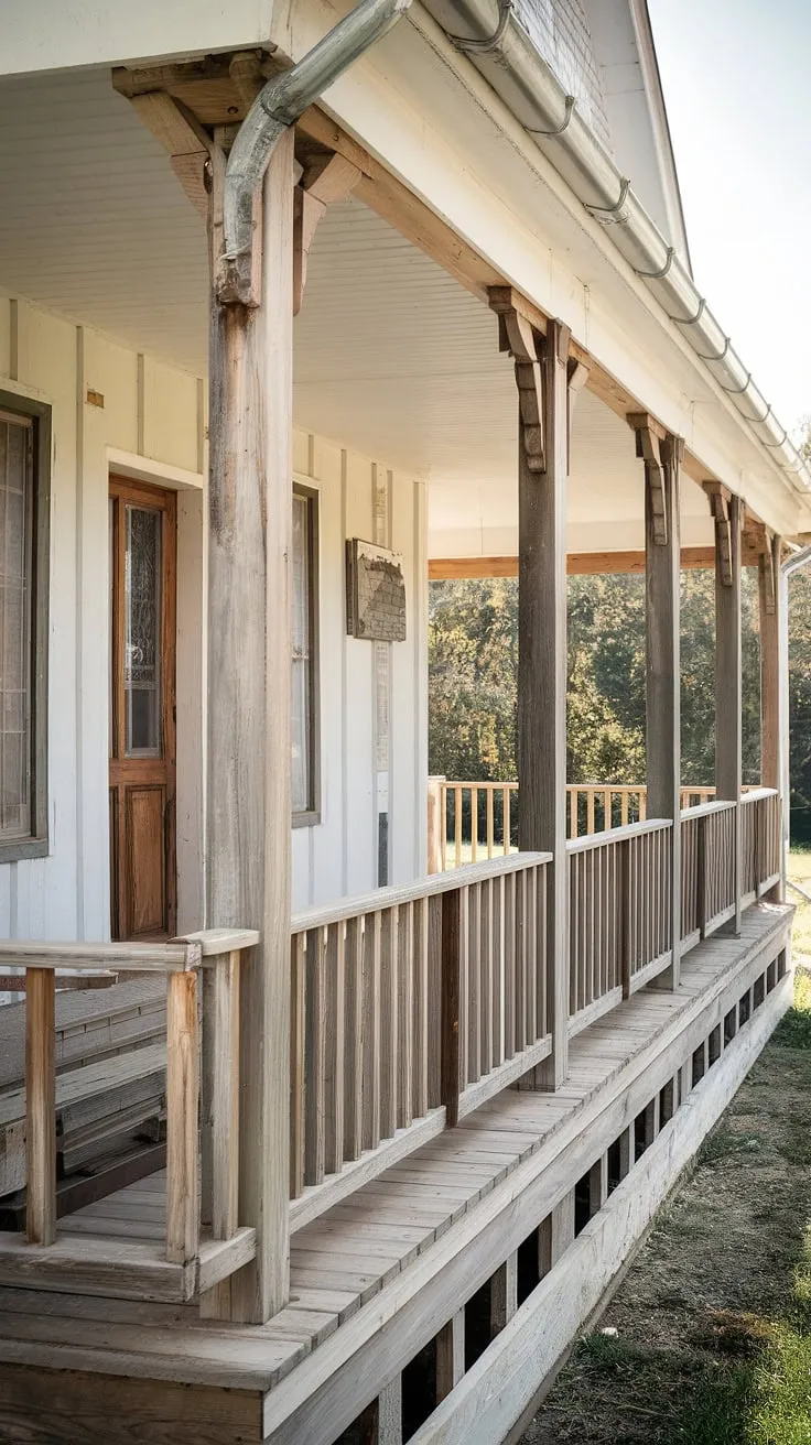 A front porch makeover in progress!  New porch wood and a fresh coat of paint are breathing new life into this farmhouse.  The impressive porch pillars and wood columns, along with the sturdy front porch posts, are the focal point of this porch remodel, creating a welcoming porch entryway.