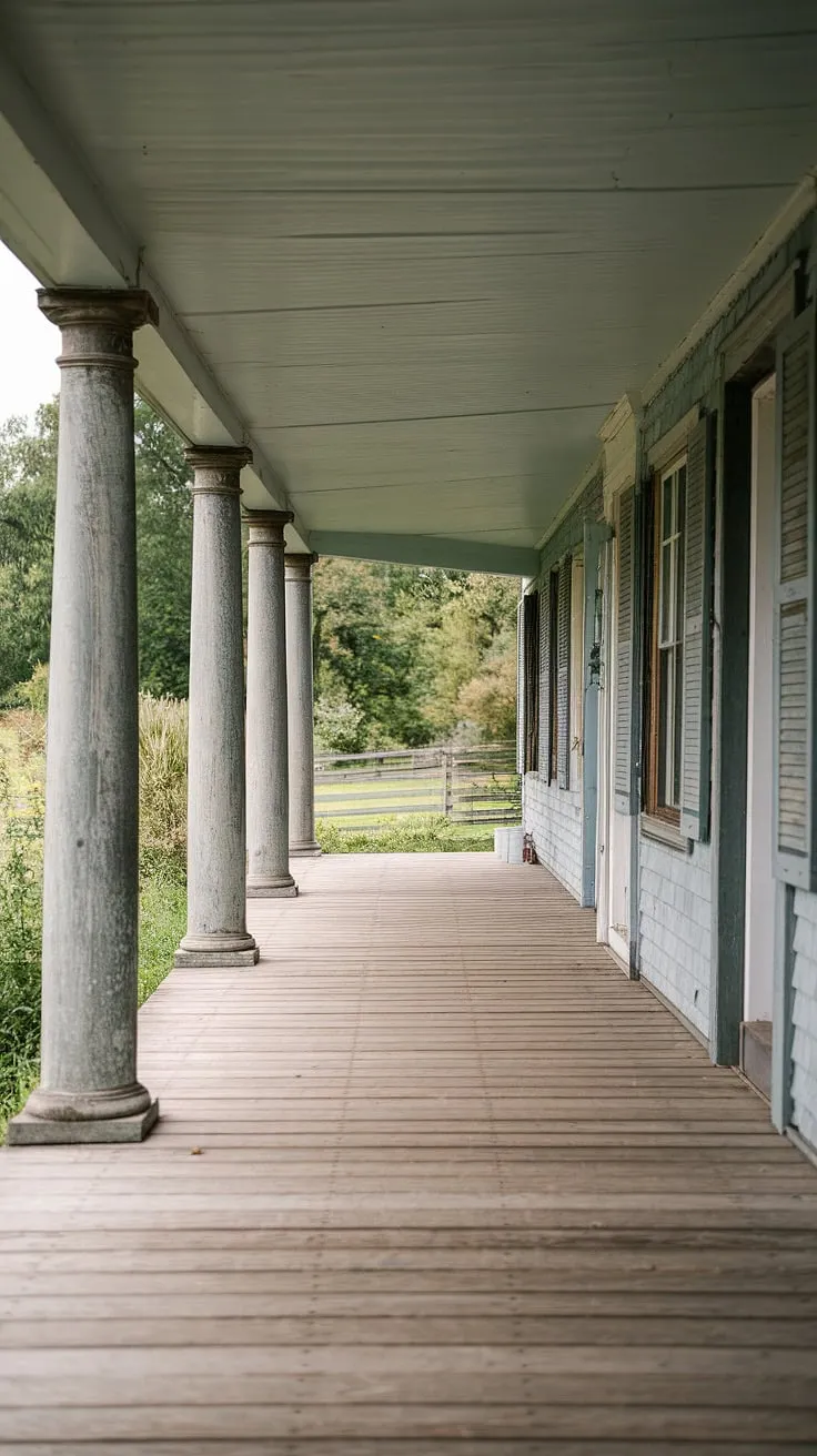 This front porch columns' aged grace defines the character of this farmhouse.  The porch wood gleams under the cover, while the wood columns stand as sentinels of a porch remodel perfectly blending rustic charm with modern comfort.  A true testament to thoughtful design.