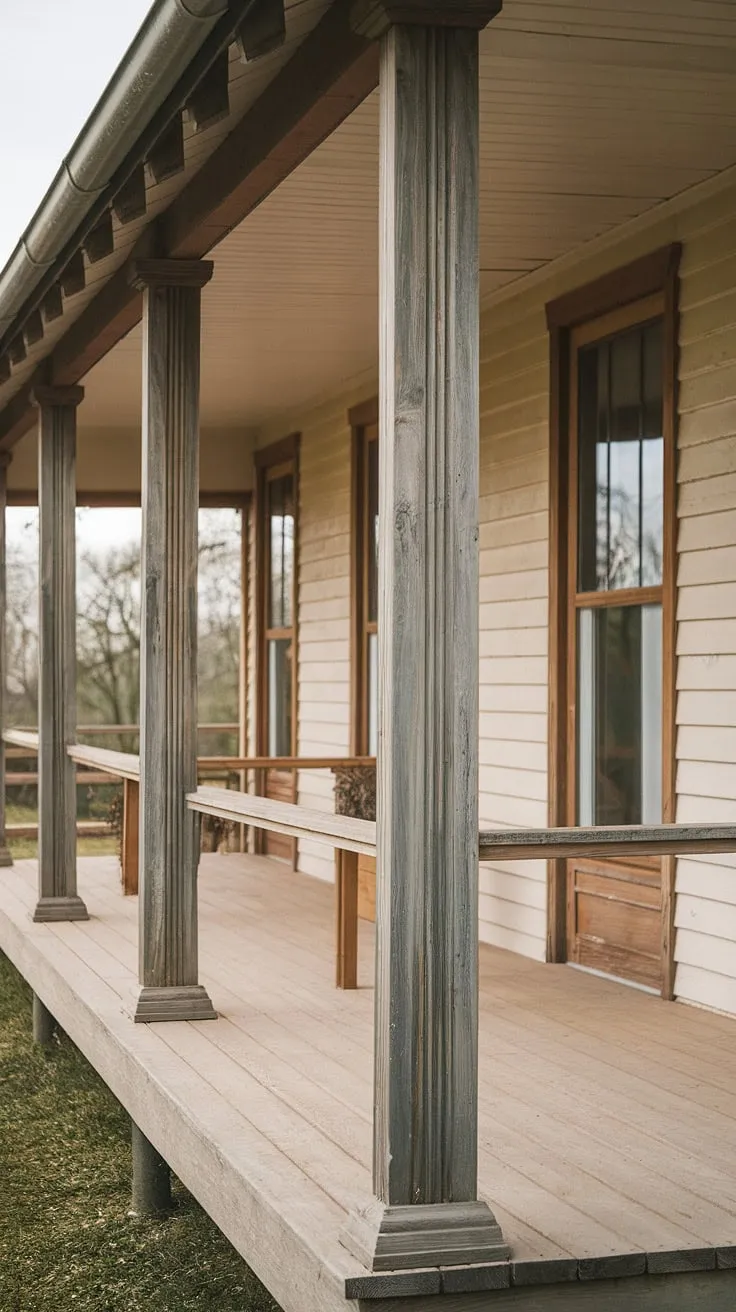Step onto this inviting porch entryway, where rustic charm meets modern comfort.  The farmhouse porch columns and front porch posts, crafted from rich porch wood, create a welcoming atmosphere. This front porch makeover, a true porch remodel, showcases the beauty of wood columns and porch pillars, transforming this space into a timeless retreat.