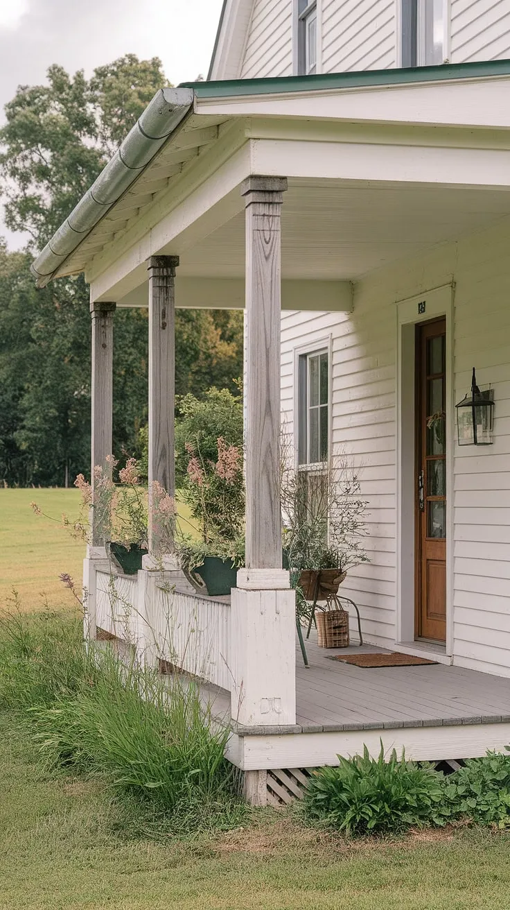 This front porch makeover is a dream come true!  The porch remodel showcases beautifully restored wood columns, creating a stunning porch entryway.  Notice the detail in the farmhouse porch columns and front porch posts – a testament to quality craftsmanship.  The porch pillars, painted white, perfectly complement the porch wood and the lush green backdrop.
