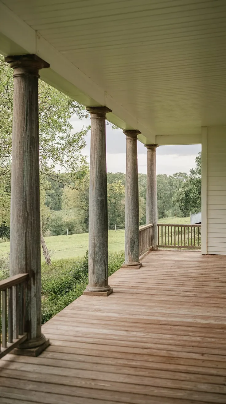 Step onto this inviting porch entryway, where weathered farmhouse porch columns and sturdy front porch posts create a timeless welcome. The rich porch wood and elegant porch pillars speak of a bygone era, hinting at countless stories whispered on this very spot.  This front porch makeover is a dream come true, a perfect blend of rustic charm and modern comfort.  The porch remodel showcases the beauty of aged wood columns, a testament to enduring style.