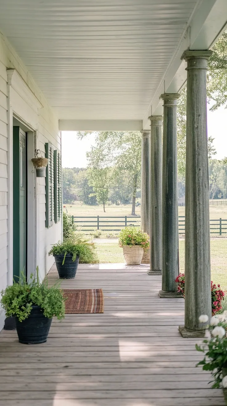 This front porch makeover is a dream come true!  The rich porch wood and impressive wood columns, acting as porch pillars, create a stunning farmhouse porch columns entryway.  These front porch posts, weathered to perfection, add character and charm to this idyllic scene, perfectly complementing the porch remodel.