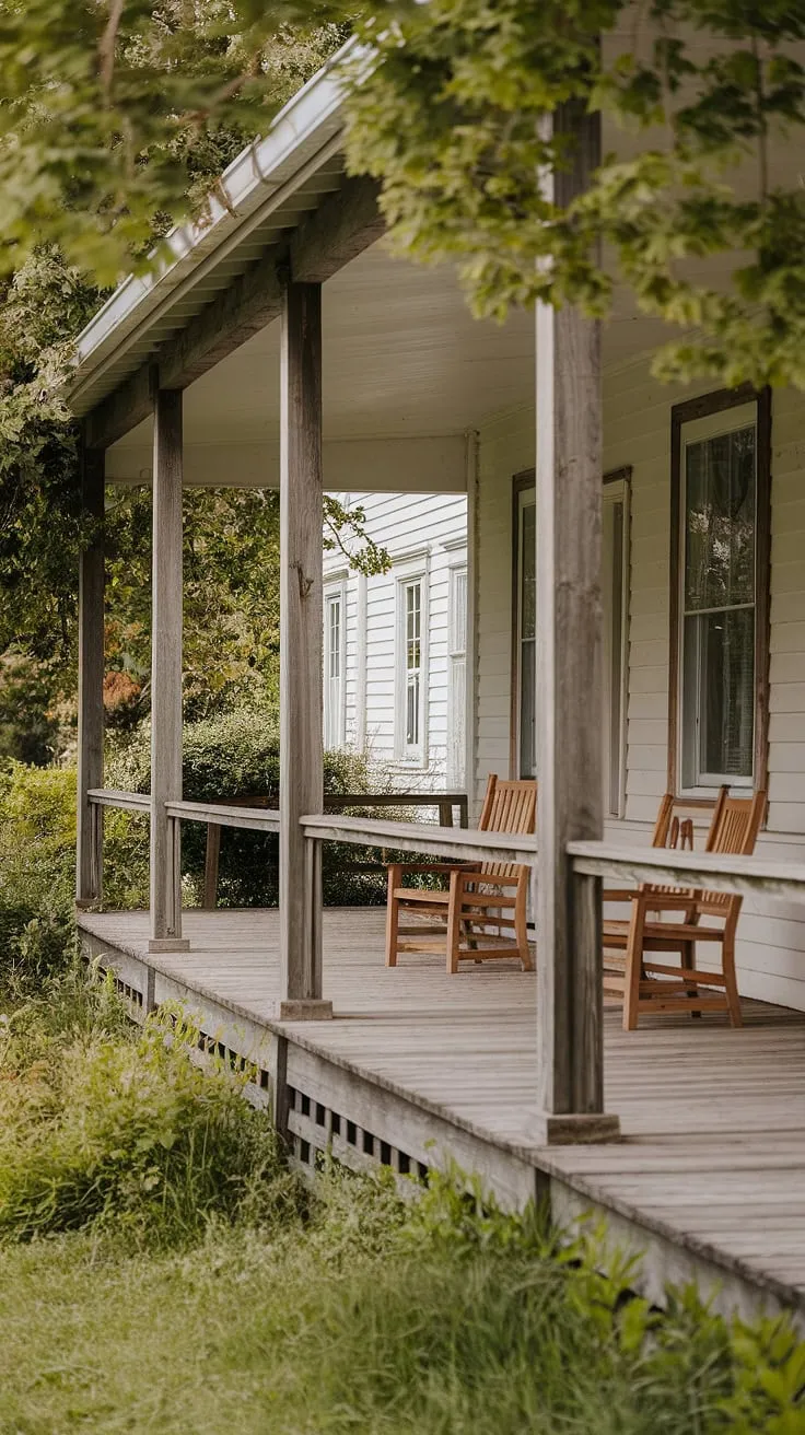 This farmhouse porch entryway, with its stately front porch columns and weathered porch wood, whispers tales of quiet evenings and lazy afternoons.  The porch pillars and carefully chosen wood columns create a welcoming atmosphere, perfect for a front porch makeover or a complete porch remodel.