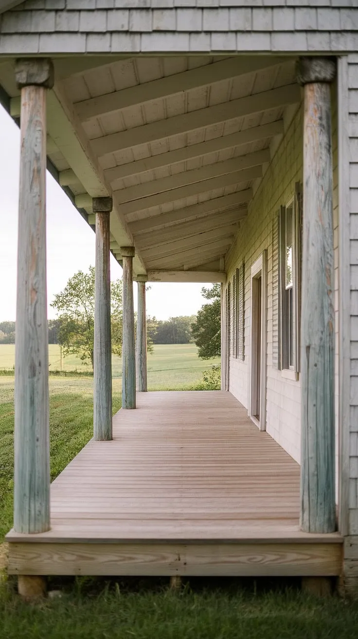 Step onto this inviting porch entryway, where weathered farmhouse porch columns and sturdy front porch posts create a timeless welcome.  The rich porch wood and porch pillars whisper tales of quiet evenings and porch remodel dreams realized. A front porch makeover wouldn't improve this perfect scene.