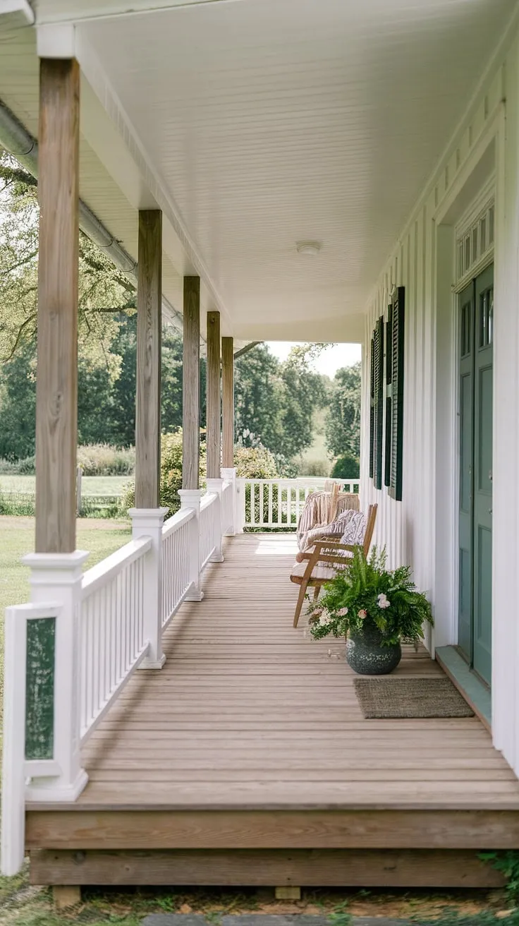 Step onto this inviting porch entryway, where farmhouse porch columns and sturdy front porch posts create a timeless welcome.  The porch wood gleams, a testament to a recent front porch makeover or porch remodel, showcasing the beauty of wood columns and porch pillars.  The lush landscape completes the idyllic scene.