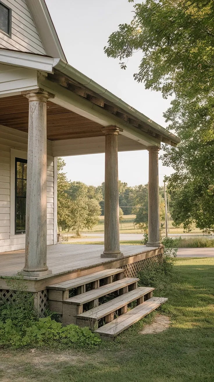 Step onto this inviting porch entryway, where farmhouse porch columns and sturdy front porch posts create a welcoming atmosphere.  The porch wood, a testament to quality craftsmanship, speaks of countless stories shared on this idyllic front porch. This porch remodel is a dream come true, showcasing the beauty of wood columns and porch pillars.