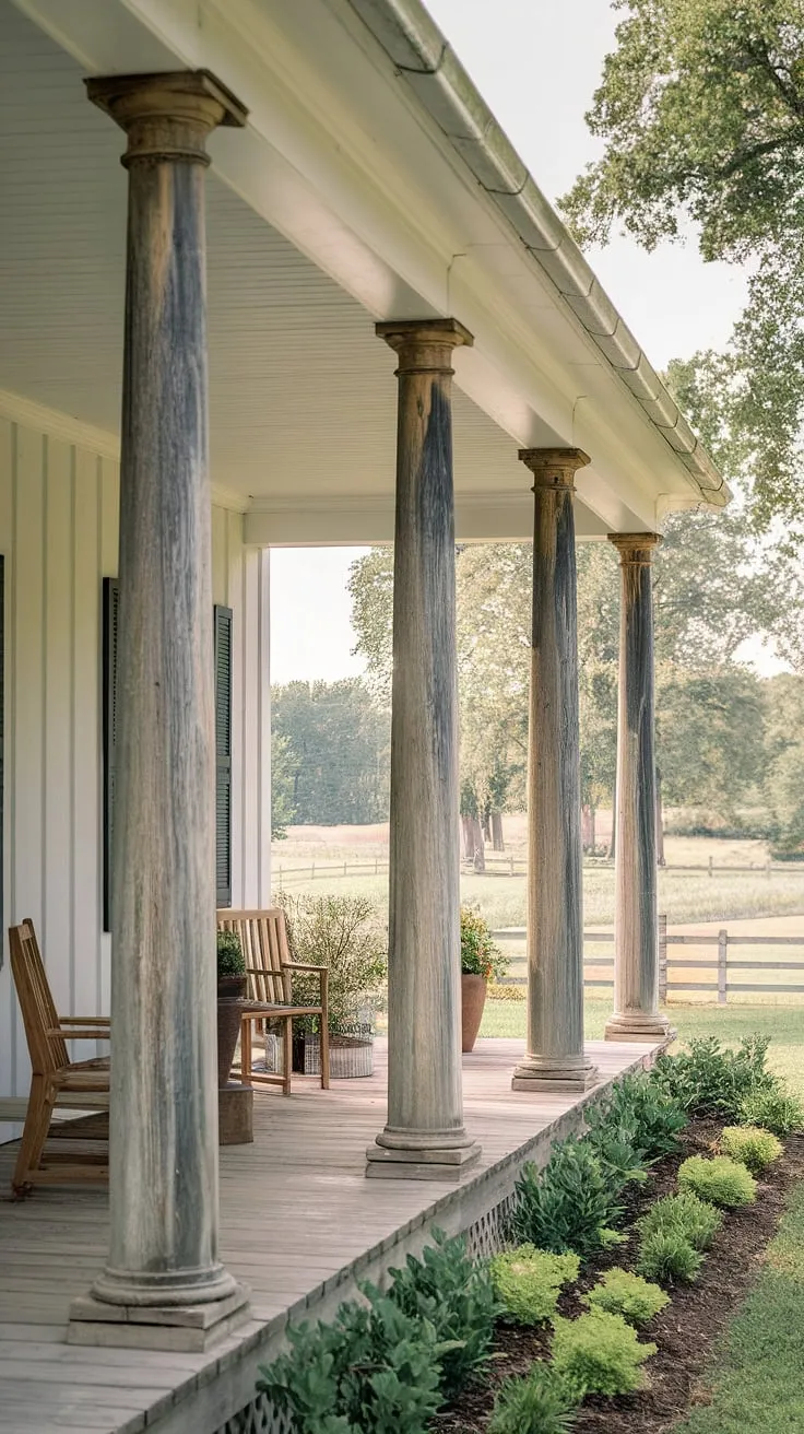 Step onto this inviting porch entryway, where weathered farmhouse porch columns and sturdy front porch posts create a timeless welcome.  The porch wood whispers stories of summer evenings and porch remodel dreams, while the front porch columns stand as silent sentinels guarding this peaceful scene.  A perfect blend of rustic charm and serene landscape.