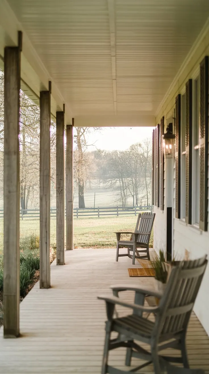 Step onto this inviting porch entryway, where farmhouse porch columns and sturdy front porch posts create a welcoming atmosphere.  The rich porch wood and carefully chosen porch pillars speak to a recent front porch makeover or porch remodel, a testament to the beauty of wood columns and thoughtful design.