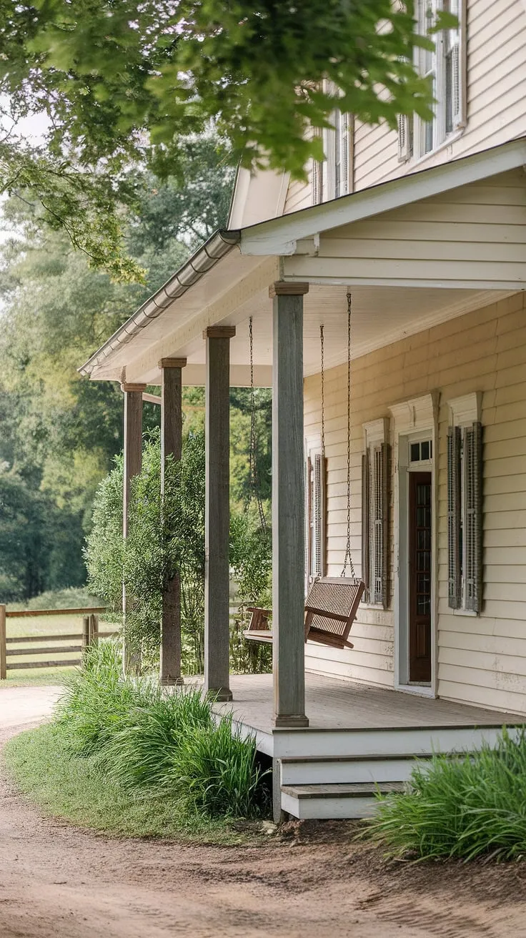 Step onto this inviting porch entryway, where farmhouse porch columns and sturdy front porch posts create a timeless welcome.  The porch wood, freshly painted, speaks of a recent front porch makeover, a porch remodel that perfectly complements the home's charm.  Notice the gentle sway of the porch swing hanging from the porch pillars, a perfect spot to enjoy the tranquility of the surrounding greenery.  The wood columns stand as proud sentinels guarding this peaceful retreat.