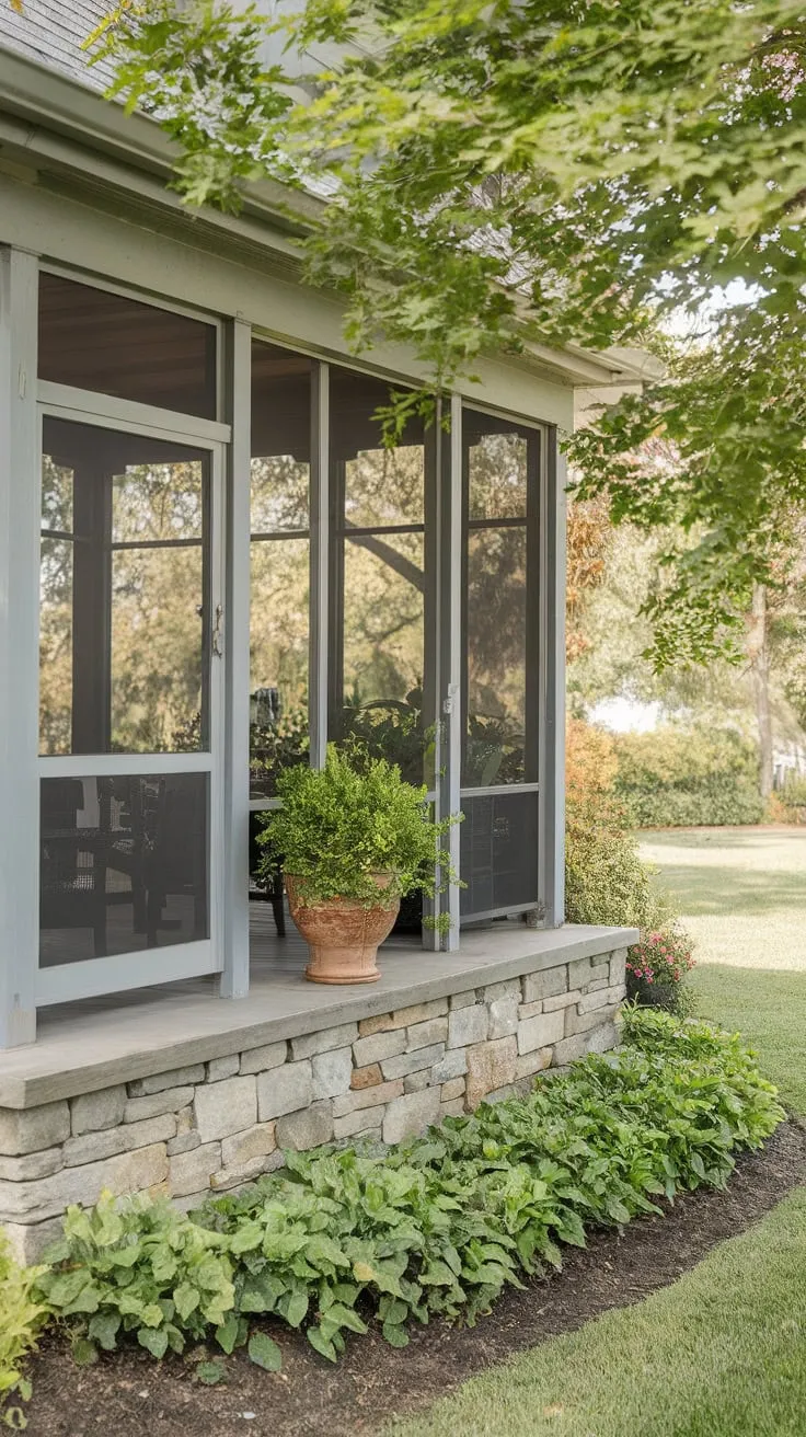 Charming Stone Knee Wall on a Lush Porch