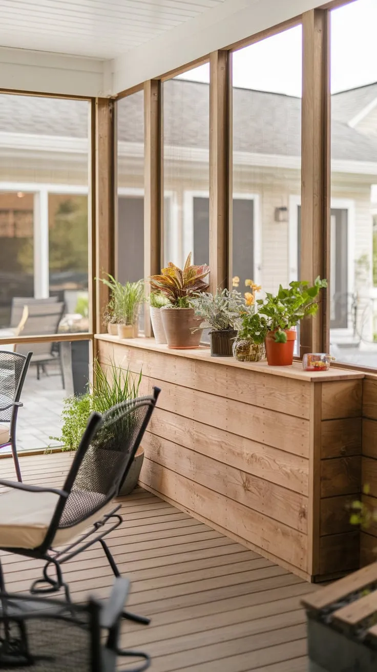 Cozy Porch Retreat Featuring a Wooden Knee Wall and Potted Plants