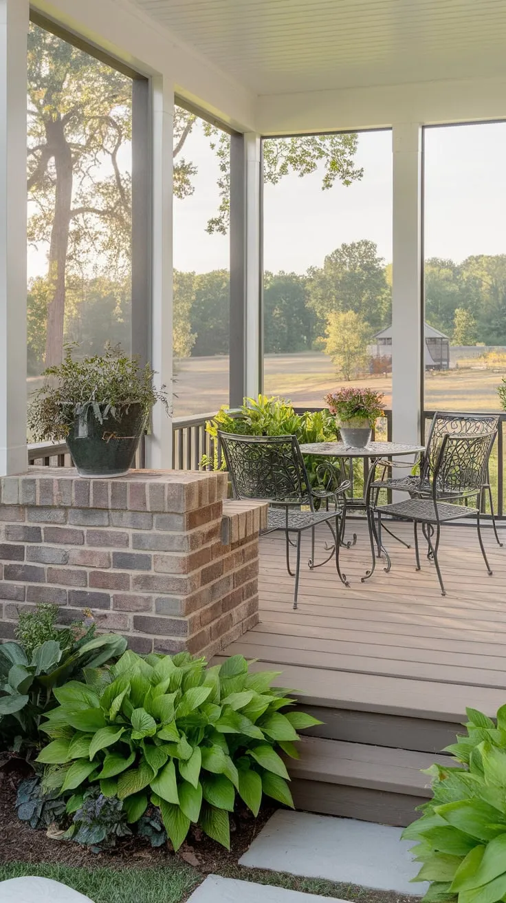 Charming Screened Porch with Brick Knee Wall and Lush Greenery