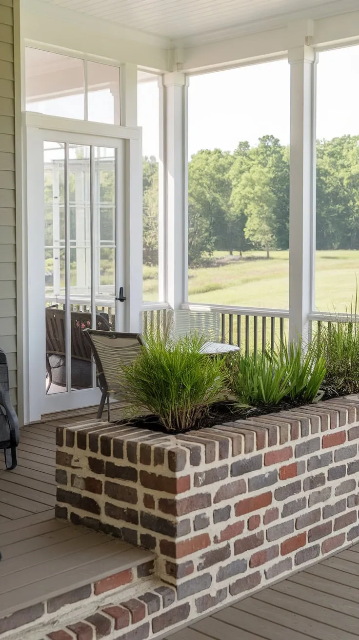 Charming Brick Knee Wall Enhances Screened Porch Oasis