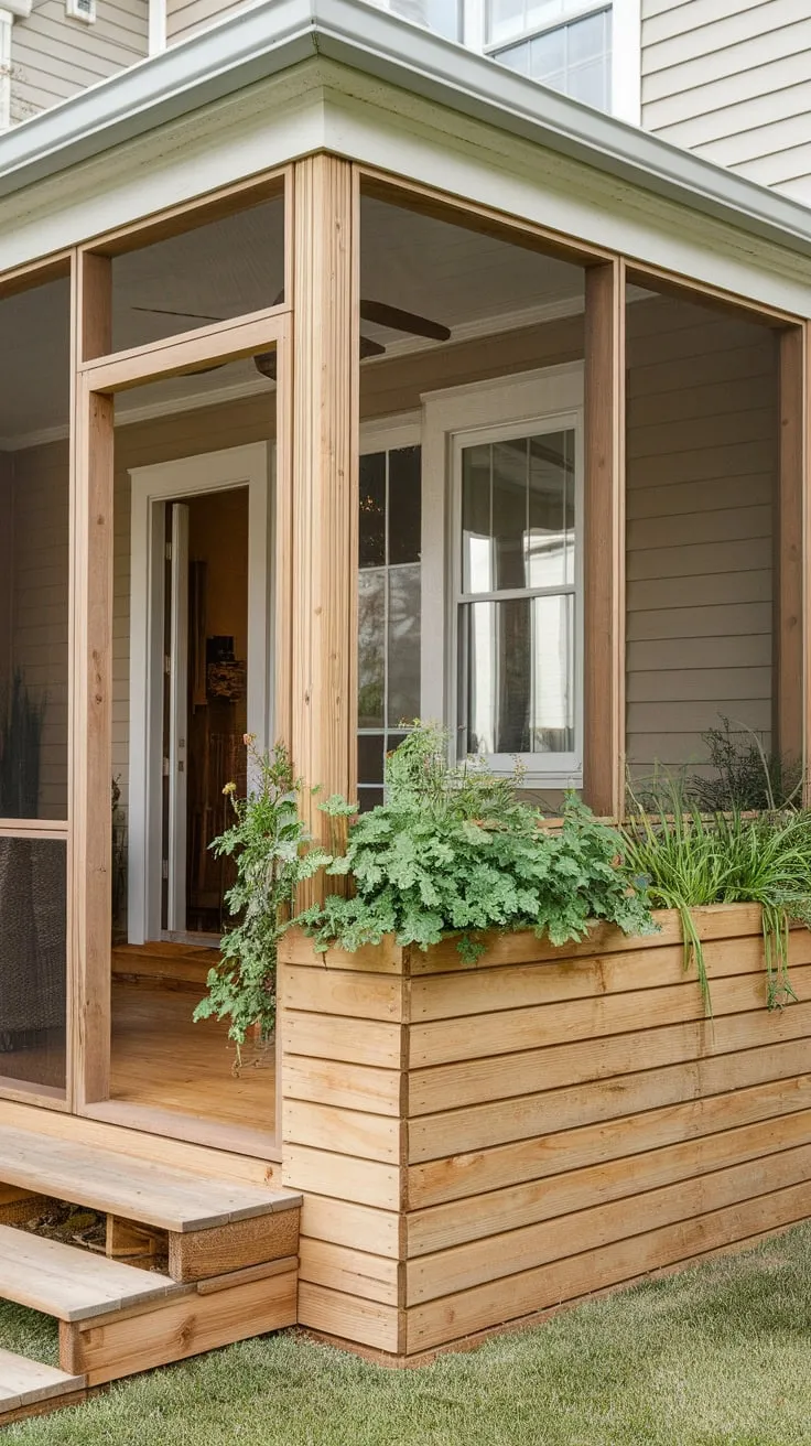 Cozy Enclosed Porch Featuring a Stylish Knee Wall and Greenery