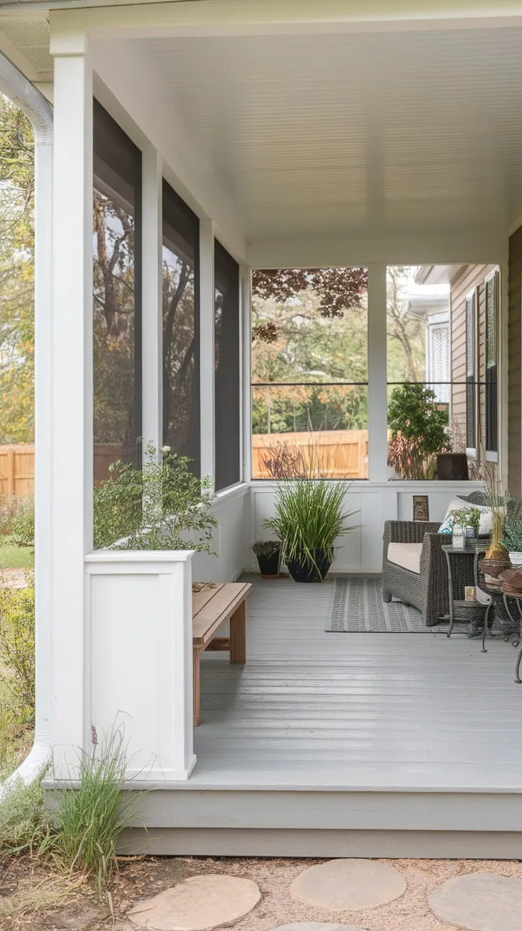 Cozy Wooden Porch Oasis with a Chic Knee Wall