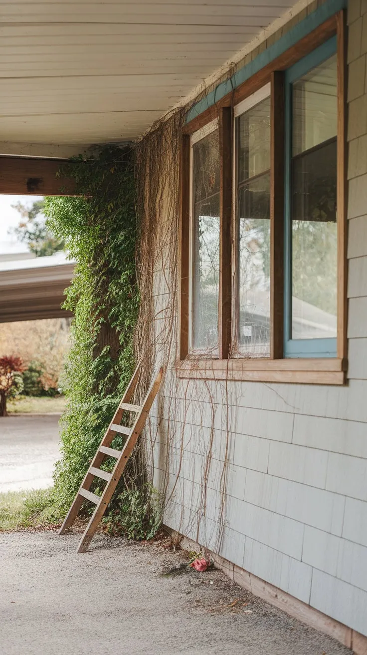 Charming Porch Knee Wall with Vines and a Ladder