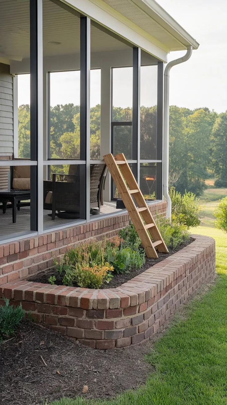 Cozy Porch Oasis with Brick Knee Wall and Lush Garden View