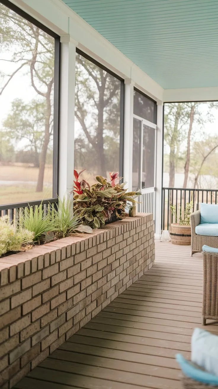Serene Screened Porch Featuring a Stylish Brick Knee Wall