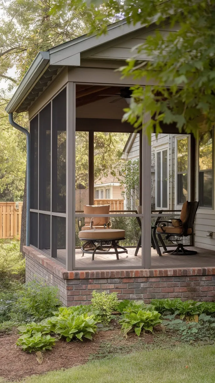 Inviting Porch Oasis with a Cozy Brick Knee Wall