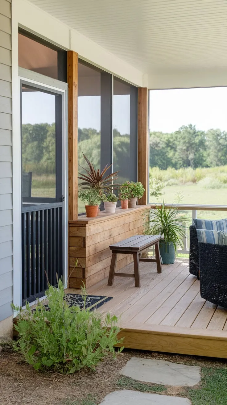 Charming DIY Screen Porch with Wooden Knee Wall