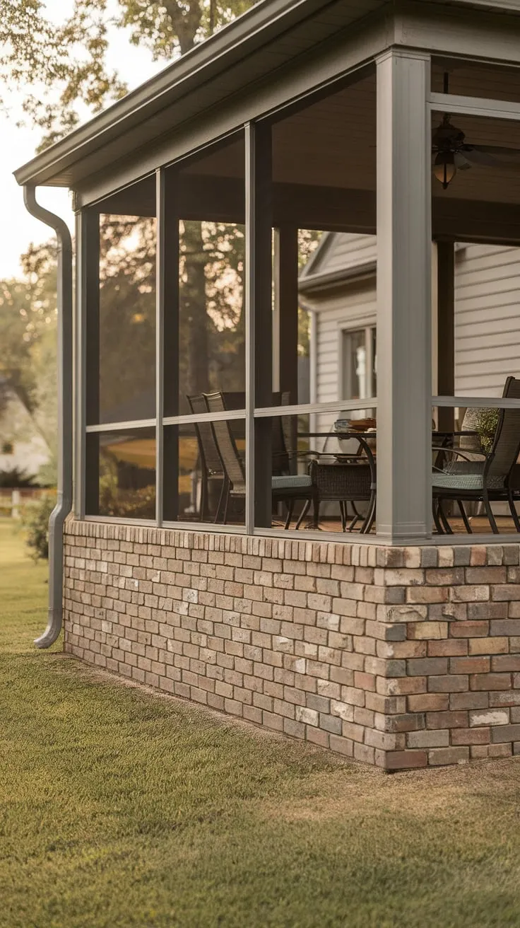 Rustic Screened Porch with Inviting Brick Knee Wall