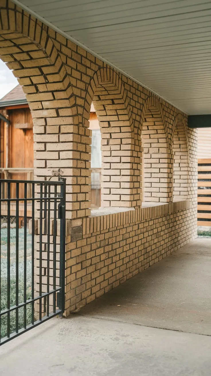 Stylish Porch Featuring a Brick Knee Wall and Metal Gate
