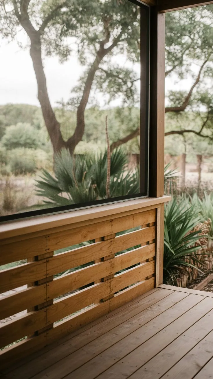 Charming Wooden Porch Knee Wall with Screen in a Lush Oasis