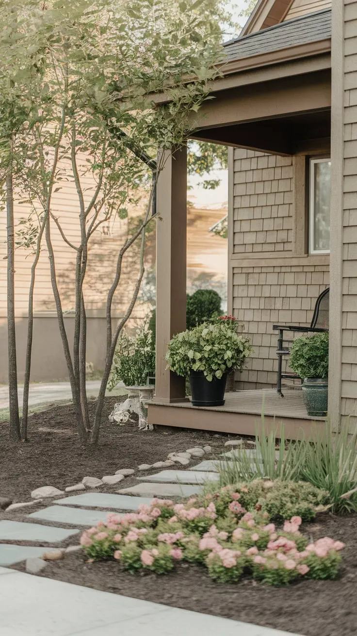 Charming Porch Landscaping with Pink Blooms
