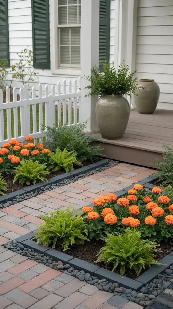 Charming Low-Maintenance Porch Landscaping with Vibrant Marigolds