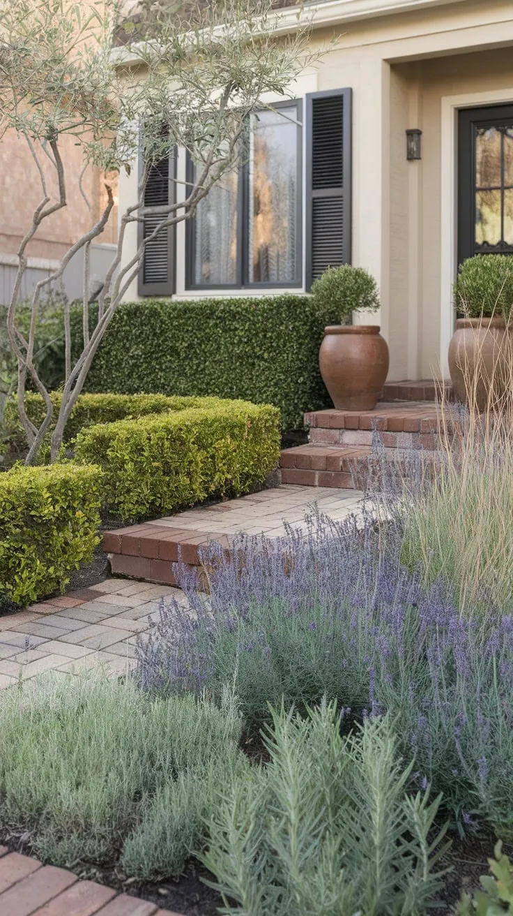Drought-Tolerant Front Yard with Brick Pathway